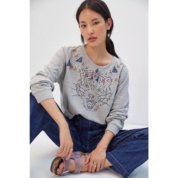 Luna Mercantile Co Anthropologie Gray Graphic Tiger Embellished Crew Sweatshirt - Picture 1 of 14